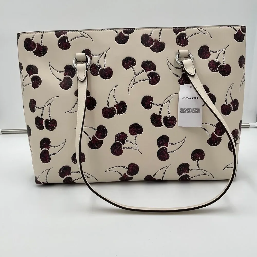 COACH CCZ14 Station Tote Bag With Cherry Print Smooth Leather Silver/Chalk Multi